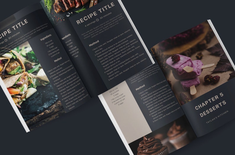 Modern dark-themed Canva recipe template with sleek layout, editable titles, and sectioned recipe steps