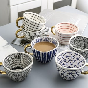 Indulge in Artistic Coffee Moments! Handmade Irregular Cups For Coffee, Tea or Milk! Hand Painted Geometric Ceramic Mugs With Gold Handle!