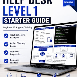 Peut inclure: Un écran d'ordinateur portable affiche un "Guide de démarrage du niveau 1 du service d'assistance" pour la formation de base en informatique. Le guide comprend des exemples de dépannage, les bases d'Active Directory et la préparation aux entretiens.