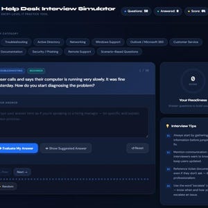 Puede incluir: Una interfaz oscura de simulador de entrevistas para help desk con una pregunta sobre cómo diagnosticar una computadora lenta. El diseño incluye filtros de categoría, un área de texto para respuestas, un botón de evaluación y consejos.