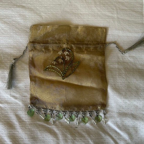 Vintage Katherine's Collection Hand-Beaded Silk Drawstring Bag - Lily of the Valley