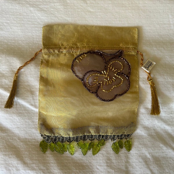 Vintage Katherine's Collection Hand-Beaded Silk Drawstring Bag - Purple Pansy