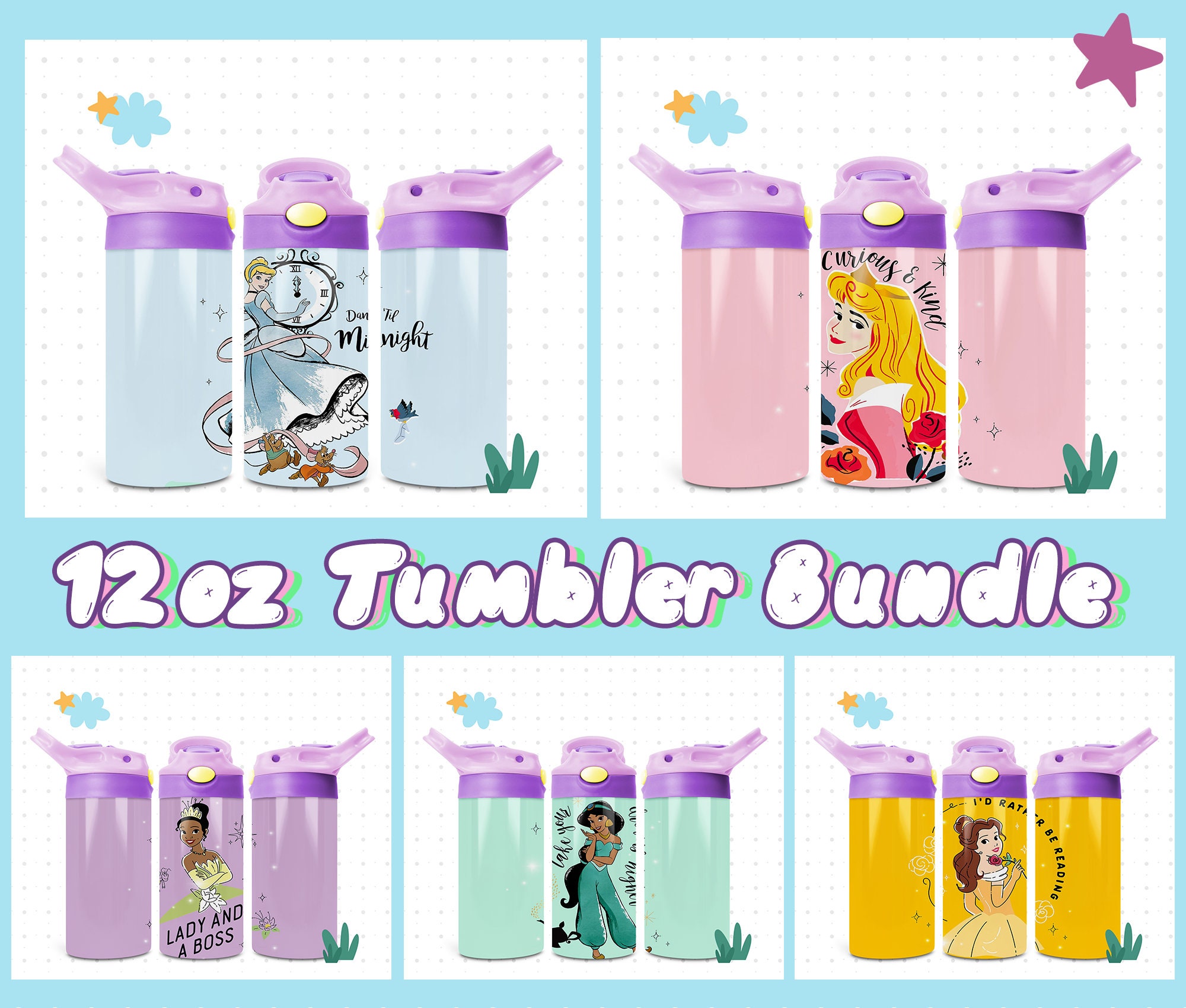 2 Pack Zak Disney Princess Rapunzel Jasmine Moana Sippy Drinking Cups  Bottles