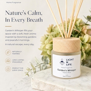 May include: A home fragrance diffuser with the text "LIGHT N LIFE" and "Garden's Whisper". The glass bottle has a wooden cap and reeds. The image includes text that reads "Nature's Calm, In Every Breath".
