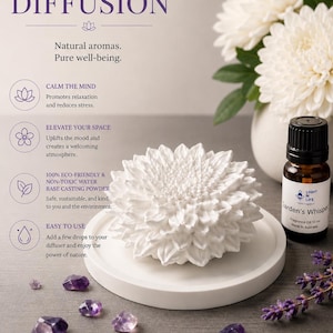 May include: A white ceramic flower-shaped essential oil diffuser on a white base, with a bottle of oil and purple crystals. The image includes the text "Essential Oil Diffusion" and "Breathe in nature. Breathe out stress."