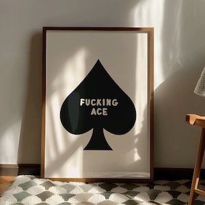 Stampa artistica Fucking Ace / Poster di carta retrò nera e neutra, Arte estetica Lucky girl, grazioso decoro di affermazione positiva quotidiana, arte stampabile