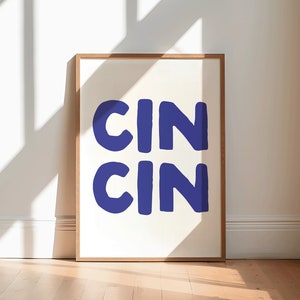 Cin Cin アートプリント | 青と白のポスター 面白いバーカートポスター バーカートプリント、バーカートウォールアート、ドリンクデコレーション 乾杯プリントギフト アルコールアート