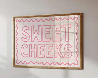 Sweet Cheeks Bathroom Art Print | Funny Pastel Pink Typography Restroom Wall Decor (Digital Download)