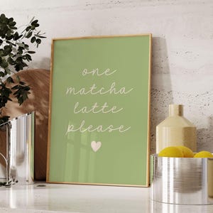 One Matcha Latte Print | Retro Minimalist Sage Green Kitchen Decor (Digital Download) image 1