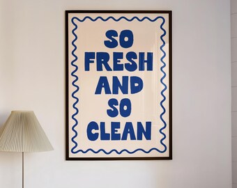 So Fresh and So Clean Art Print | Dark Blue Retro Bathroom Decor (Digital Download)