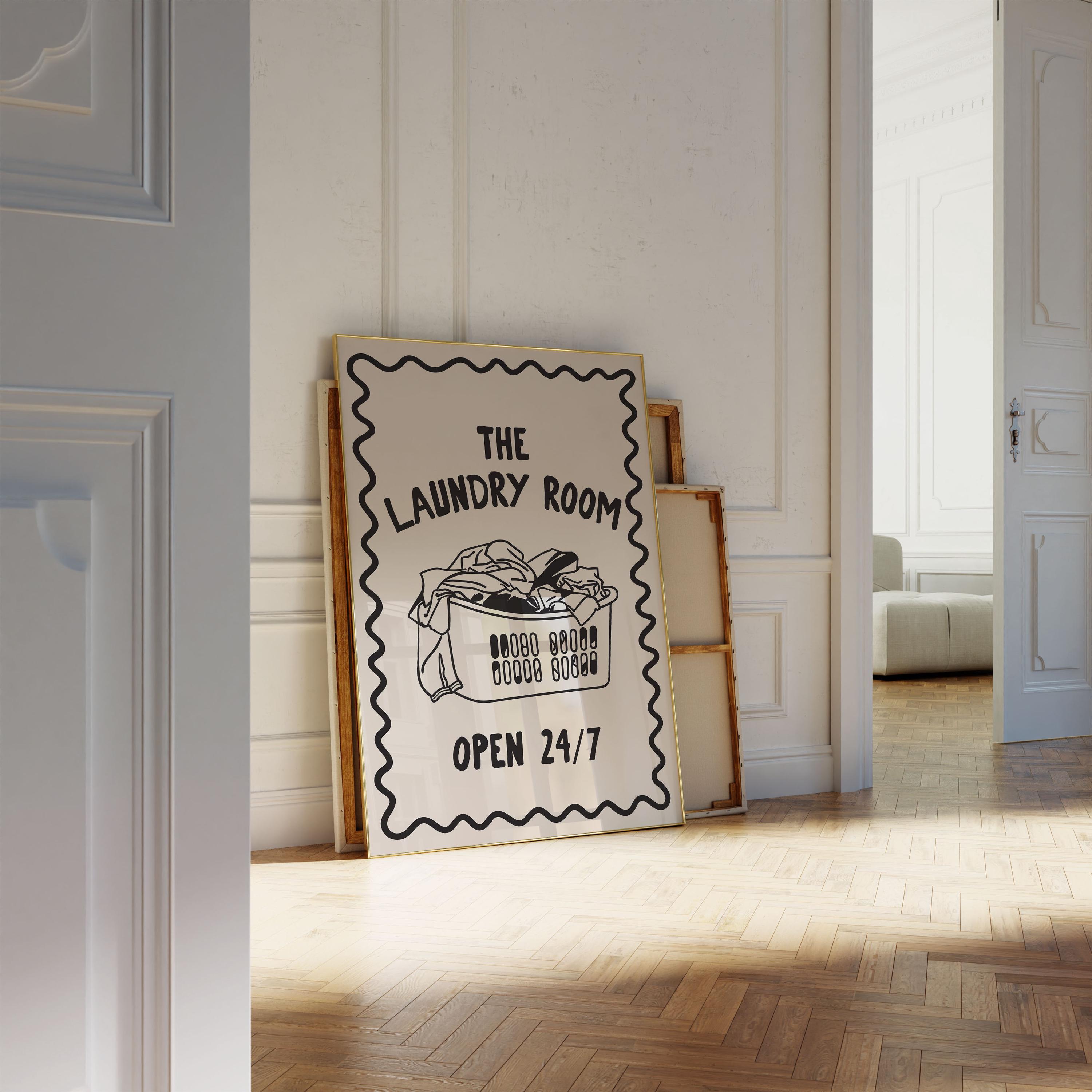 The Laundry Room Open 24/7 Digital Art Print | Retro Neutral Black