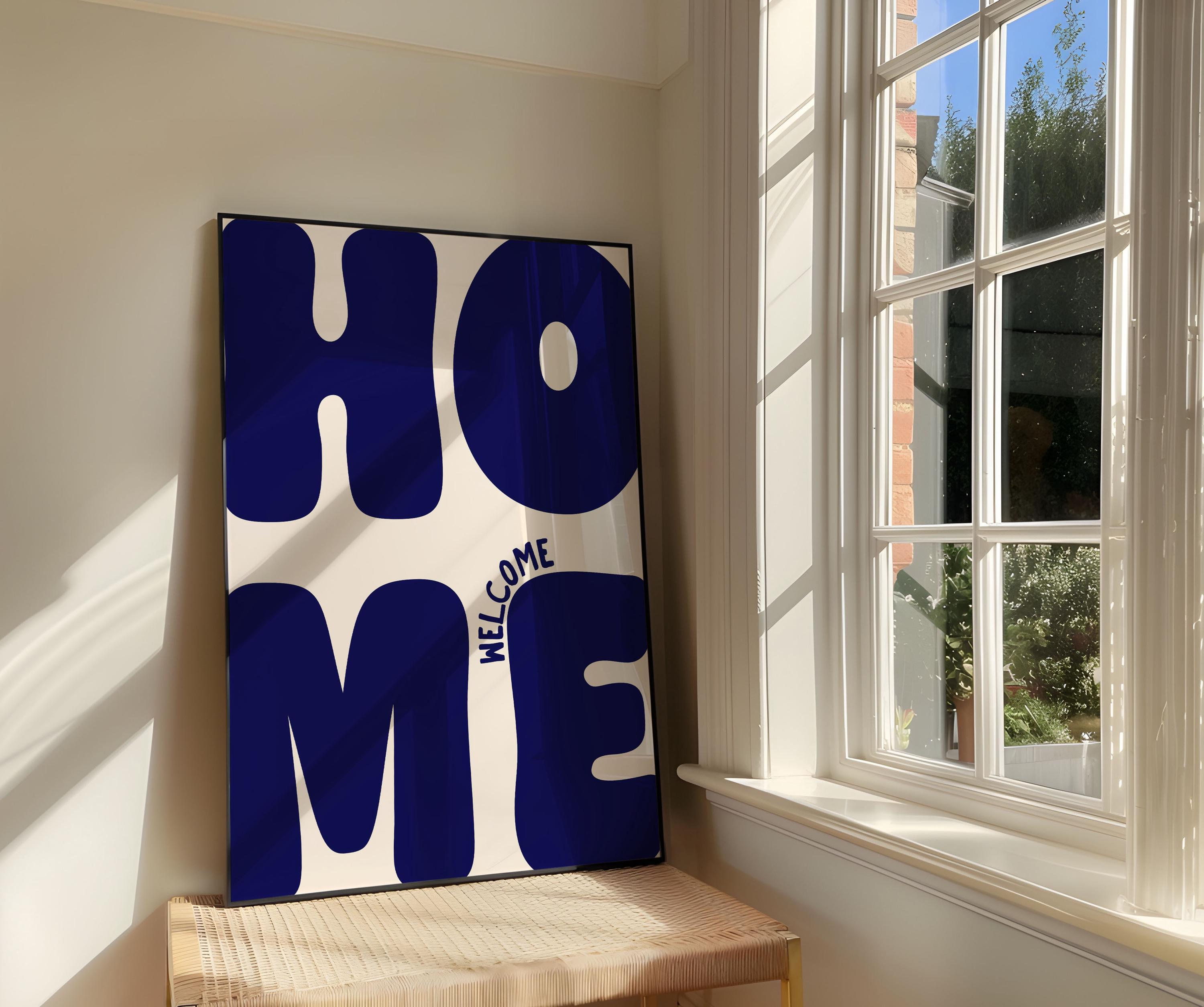 Welcome Home Art Print | Retro Entryway Navy Blue Typography Decor