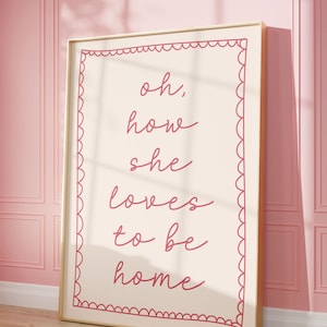 Oh, how she loves to be home Art Print | Pink Hand drawn Home Poster, Introvert Print, let&#39;s stay home living room Bedroom Art Dorm Decor