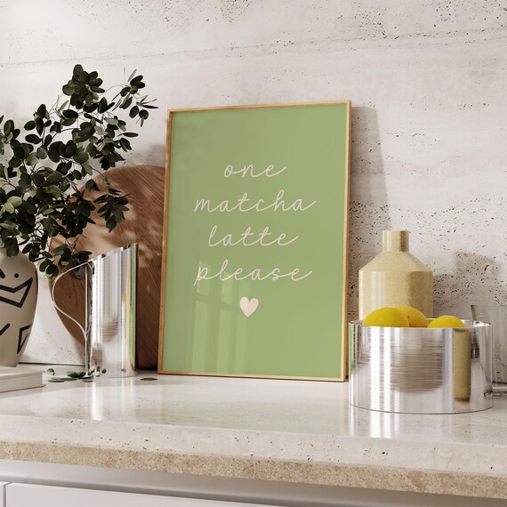 One Matcha Latte Print | Retro Minimalist Sage Green Kitchen Decor (Digital Download)