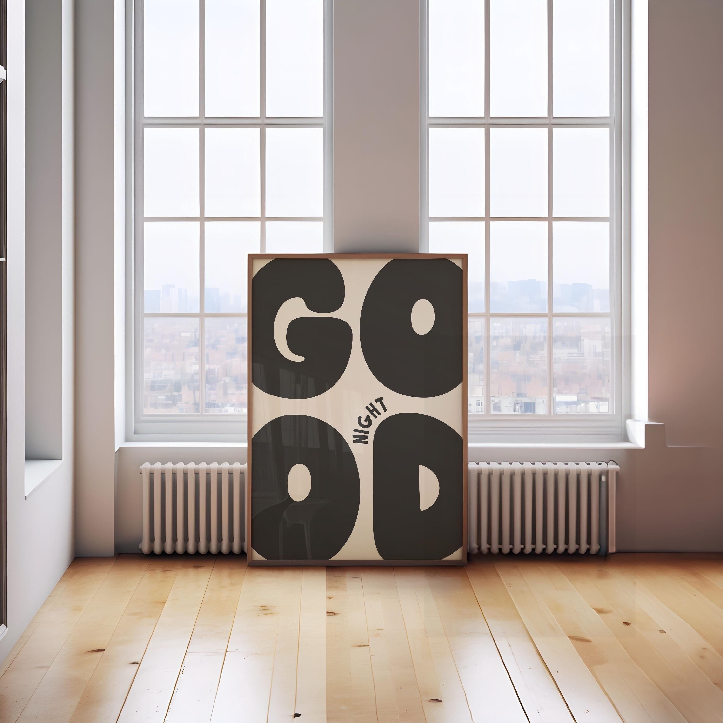 Good Night Print | Retro neutral black Poster, Funky Preppy Positive Art Print Bold Bedroom Art Dorm Decor, cool apartment art above bed art