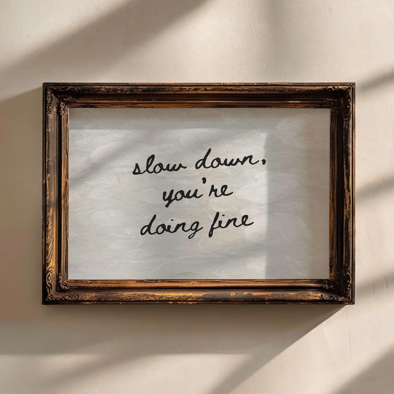 May include: A rectangular wooden framed sign with the words "slow down, you're doing fine" in black script. The frame is a dark brown with ornate detailing, and the background is a light, textured surface.