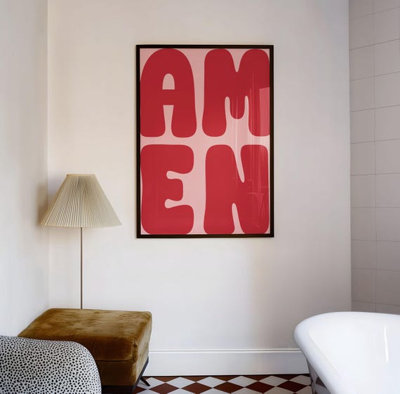 Amen Print | Retro Bold Typography Red and Pink Christian Wall Art