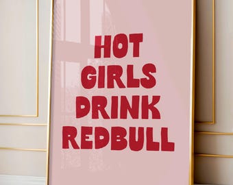 Hot girls drink redbull Digital Art Print | Retro Pink and Red kitchen wall decor