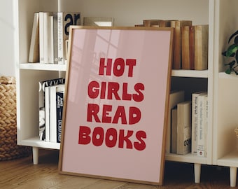 Hot Girls Read Books Art Print | Pink & Red Retro Reading Bookish
