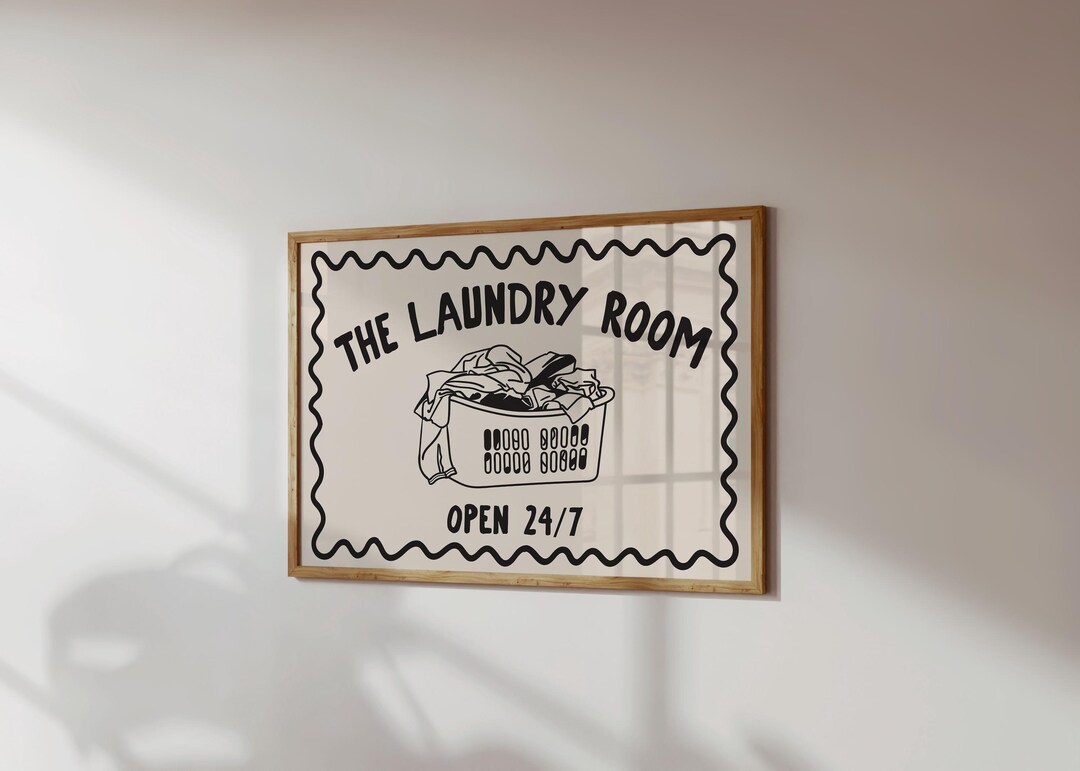 The Laundry Room Open 24/7 Print | Retro Neutral Black and Cream