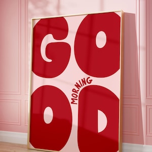 Bonjour impression | Affiche rétro rouge et rose, impression d'art positive BCBG, impression d'art audacieuse, décoration de dortoir, art de l'appartement cool au-dessus du lit