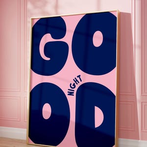 Lámina decorativa con tipografía retro "Buenas noches" / Decoración de dormitorio en rosa y azul marino (descarga digital)