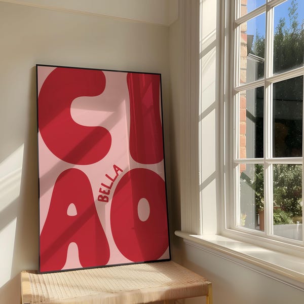 Ciao Bella Art Print | Retro Bold Red and Pink Typography Entry Way Decor (Digital Download)