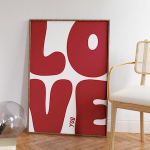 Love you Art Print | retro red and white Poster, Cool Apartment Art, Boho Aesthetic Living Room Wall Decor, Positive Above Bedroom Art Print