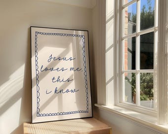 Jesus Loves Me, This I know Print | Retro navy blue nursery decor (digital download)