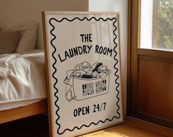 LAUNDRY ROOM サイン 24時間営業 USA The Laundry Room Open 24/7 Digital Art Print | Retro Neutral Black
