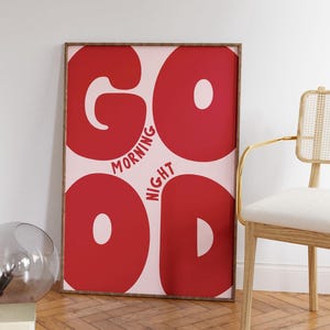 Bonjour/Nuit Impression | Affiche rouge et rose, impression d'art positive preppy funky, décoration de dortoir d'art de chambre à coucher girly audacieuse, art au-dessus du lit