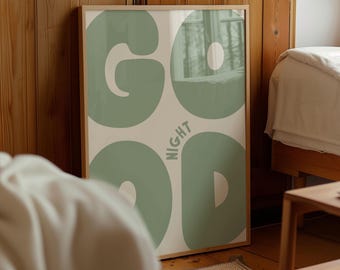 Good Night Art Print | Retro Bold Sage Green Typography Bedroom Decor (Digital Download)
