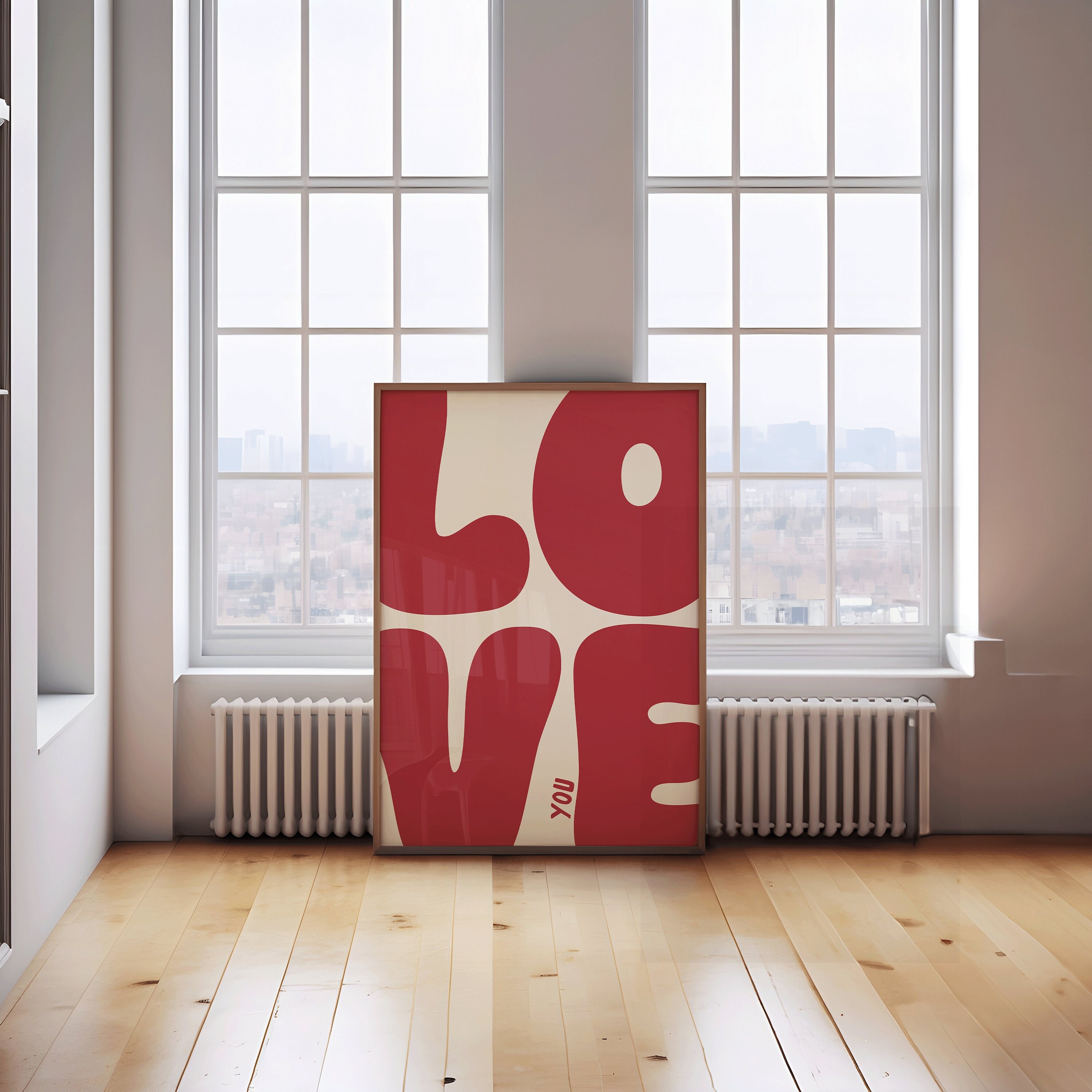 Love you Art Print | Bold retro red Poster, Cool Apartment Art, Boho Aesthetic Living Room Wall Decor, Positive Above Bedroom Art Print