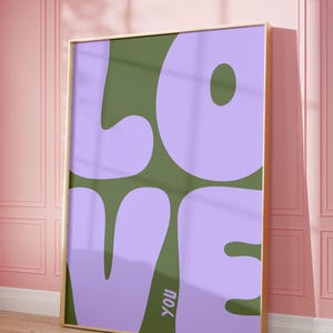 Ich liebe dich Kunstdruck | Retro Salbei Grün und Lila Coole Wohnung Kunst, Boho Ästhetische Wohnzimmer Wand Dekoration, Positiv über Schlafzimmer Kunstdruck