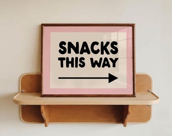 Snacks This Way Art Print | Retro Neutral Pink Funny Kitchen Decor (Digital Download)