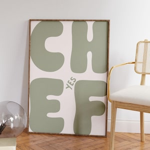Yes Chef Art Print | Retro Sage Green Neutral Typography Kitchen Print Kitchen Decor Kitchen Wall Art Kitchen Poster, Yes Chef wall print