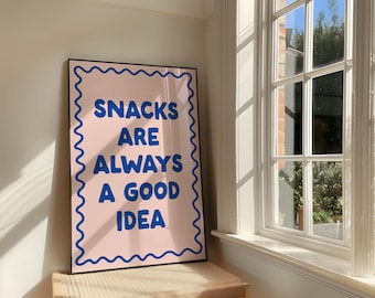 Snacks Are Always A Good Idea Art Print | Retro Kitchen Decor, Pink and Blue Print (Digital Download)