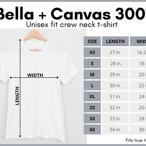 Op de afbeelding: Maattabel voor een Bella + Canvas 3001 unisex crew neck t-shirt. De tabel toont de lengte en breedte in inches voor maten XS tot 4X.