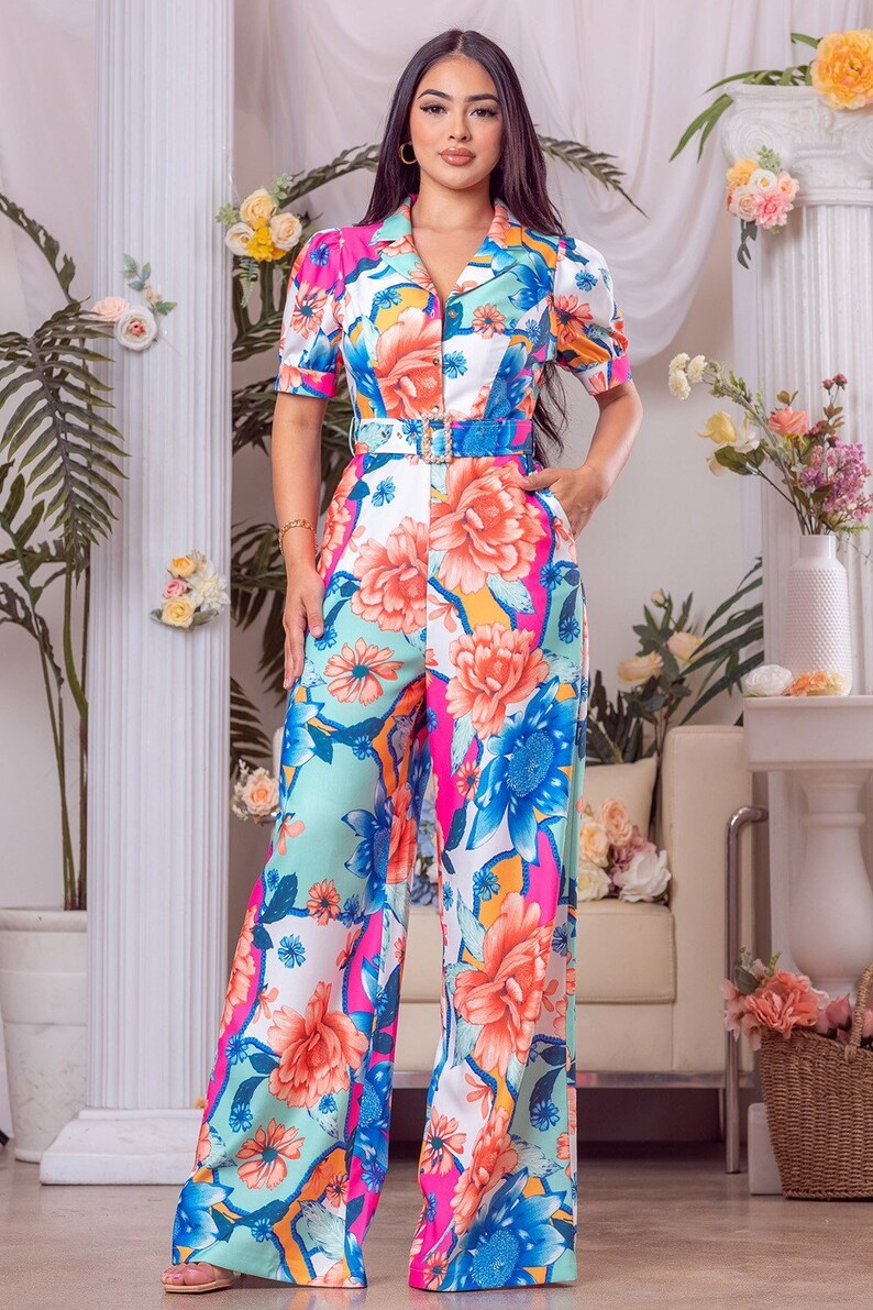 Floral Print Stretch Jumpsuit with V Boning main image 0