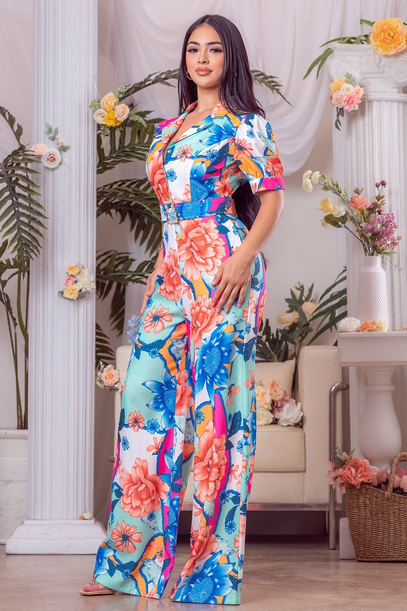 Floral Stretch Jumpsuit With V Bonning And Pockets main image 0