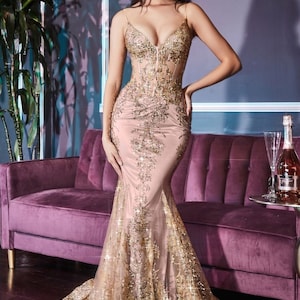 J810 Fitted Floral Glitter Print Corset Gown