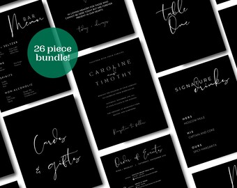May include: A black and white wedding invitation suite with a minimalist design. The invitation features the names "Caroline and Timothy" in a simple font. The suite includes a bar menu, table number card, order of events card, and signature drinks card.