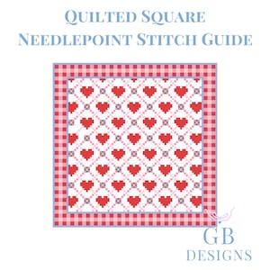 May include: A needlepoint stitch guide for a quilted square with a red heart pattern on a white background. The square is surrounded by a red and white gingham border.
