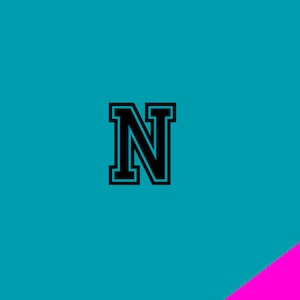May include: Black letter N with a white outline against a turquoise background. The letter N is in a bold, blocky font.