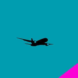 May include: Silhouette of a black airplane flying against a turquoise blue background. The airplane is in the upper center of the image. The bottom right corner of the image is a bright pink color.