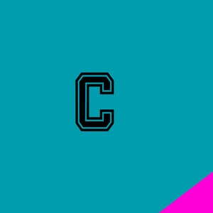 May include: A black letter C with a white outline on a turquoise background. The background is split diagonally with a pink section on the bottom right.
