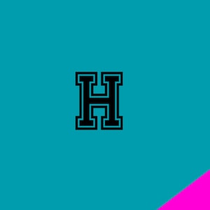May include: Black and white letter H with a thick outline, against a turquoise background. The letter is centered on the image. The bottom right corner of the image is a bright pink color.