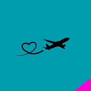May include: A black airplane silhouette flying with a heart-shaped trail on a turquoise background.
