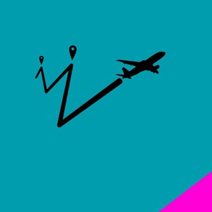 May include: A black airplane silhouette taking off, with a black line representing a flight path. Two black location markers are connected by a zig-zag line. The background is teal with a pink diagonal stripe in the lower right corner.