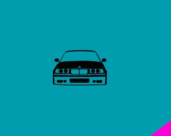 May include: Black silhouette of a car against a teal background. The car's front is visible, showcasing headlights and a grille. A diagonal pink stripe is in the lower right corner. The image has a minimalist design.